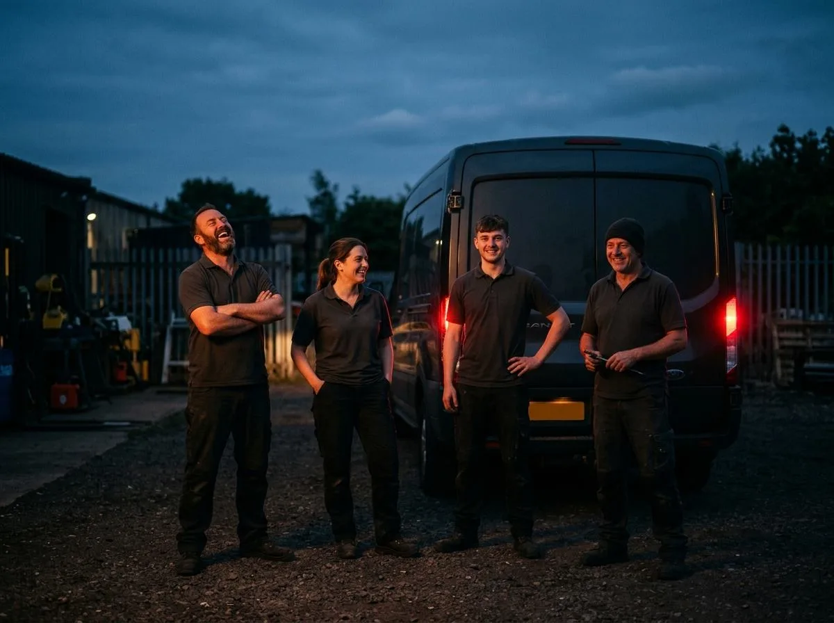 Teamfoto vor dem Firmenwagen in Freising für den Instagram-Auftritt