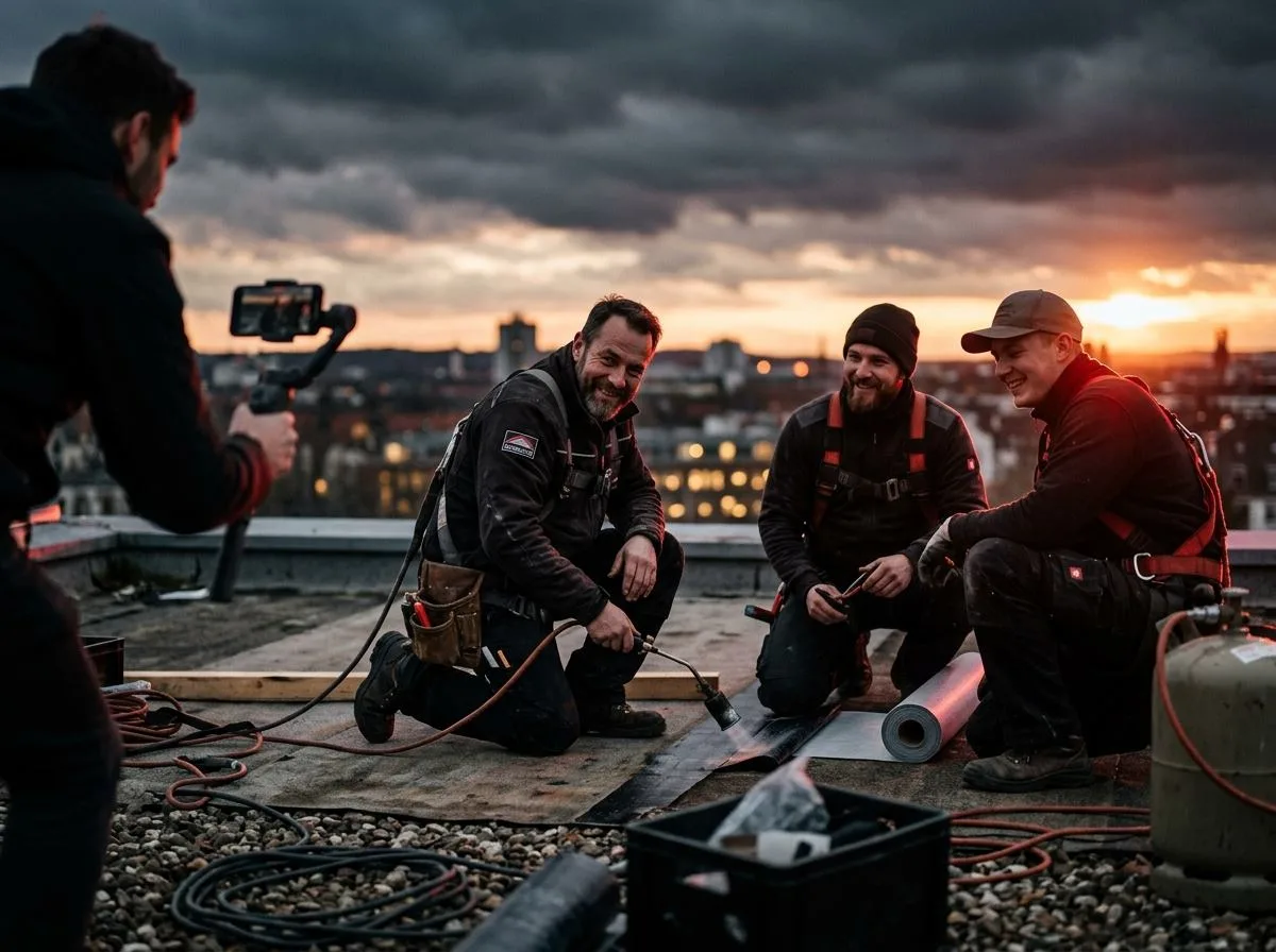 Handwerker-Team eines Dachdeckerbetriebs beim Videodreh für eine Recruiting-Kampagne