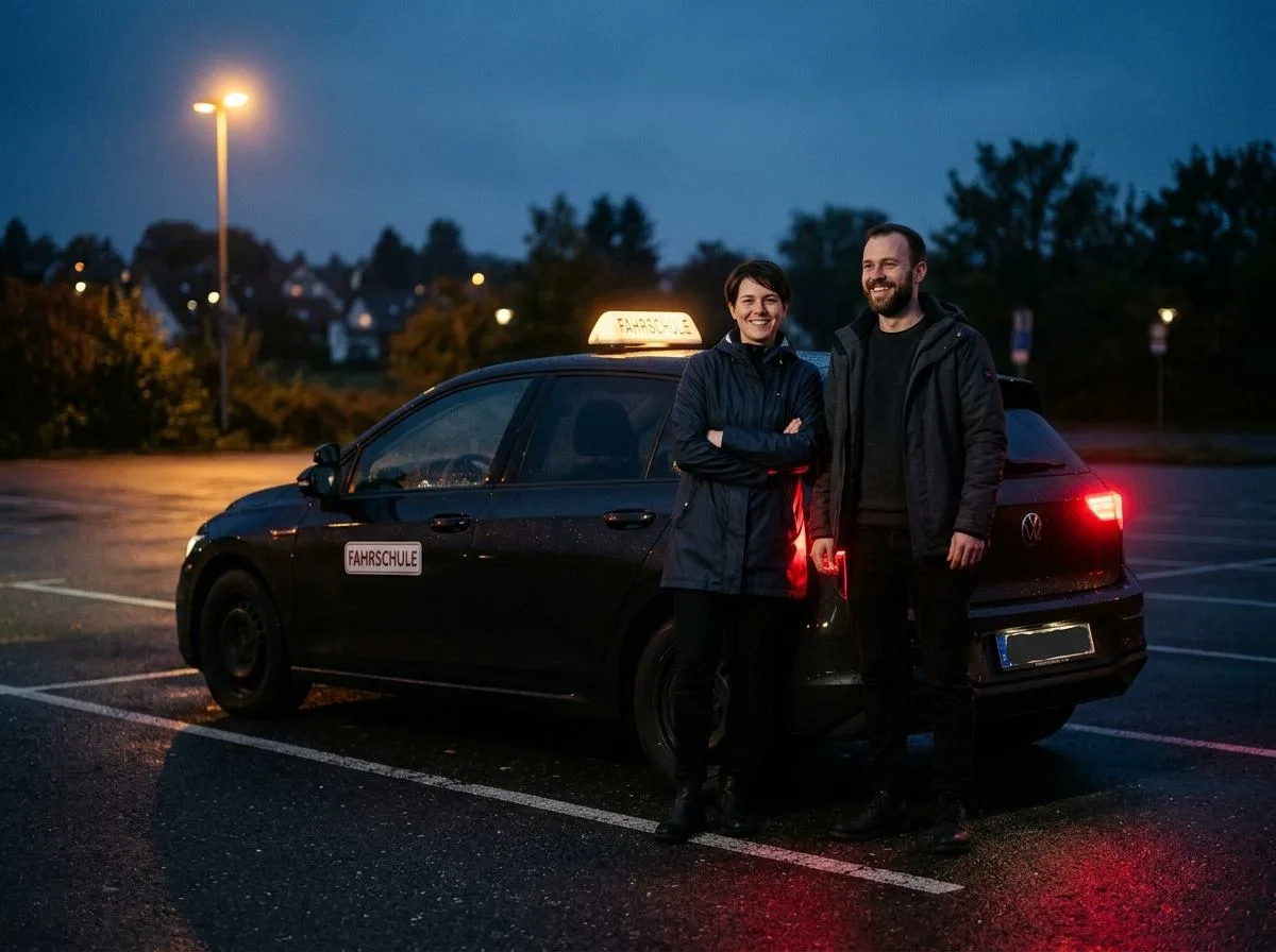 Fahrlehrerin und Fahrlehrer vor dem Fahrschulwagen einer Fahrschule in München