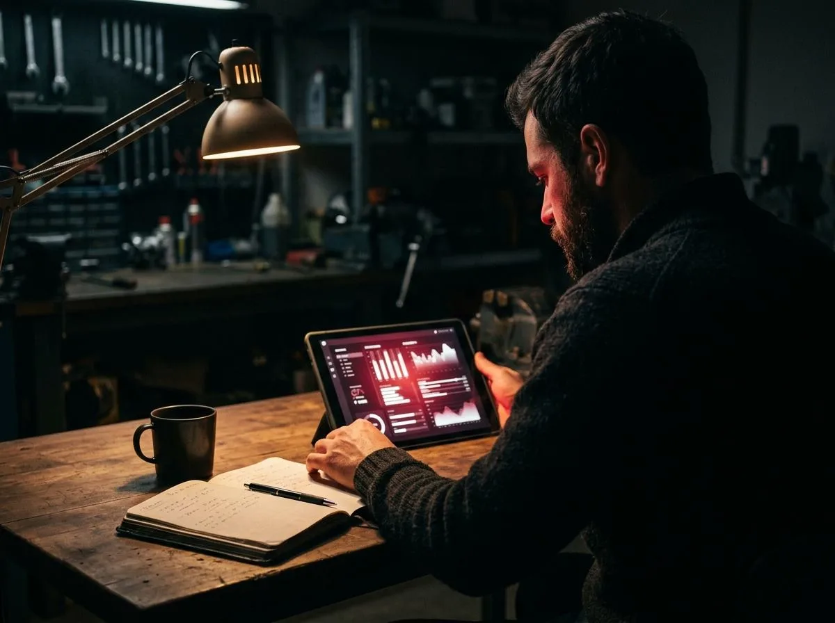 Handwerker wertet in seiner Werkstatt am Tablet die Kennzahlen seiner Online-Marketing-Kampagne aus