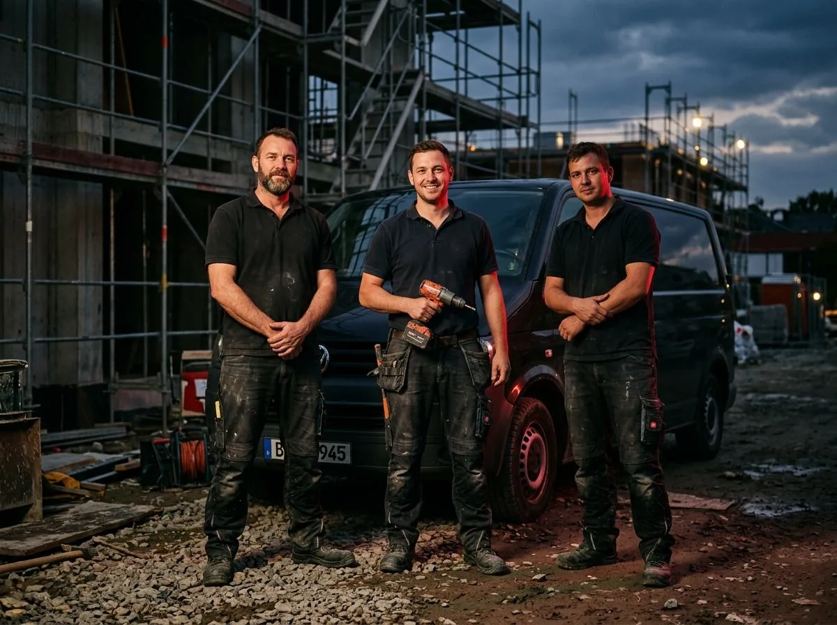 Gesellen und Meister eines Handwerksbetriebs vor dem Firmenfahrzeug auf einer Baustelle im Raum München