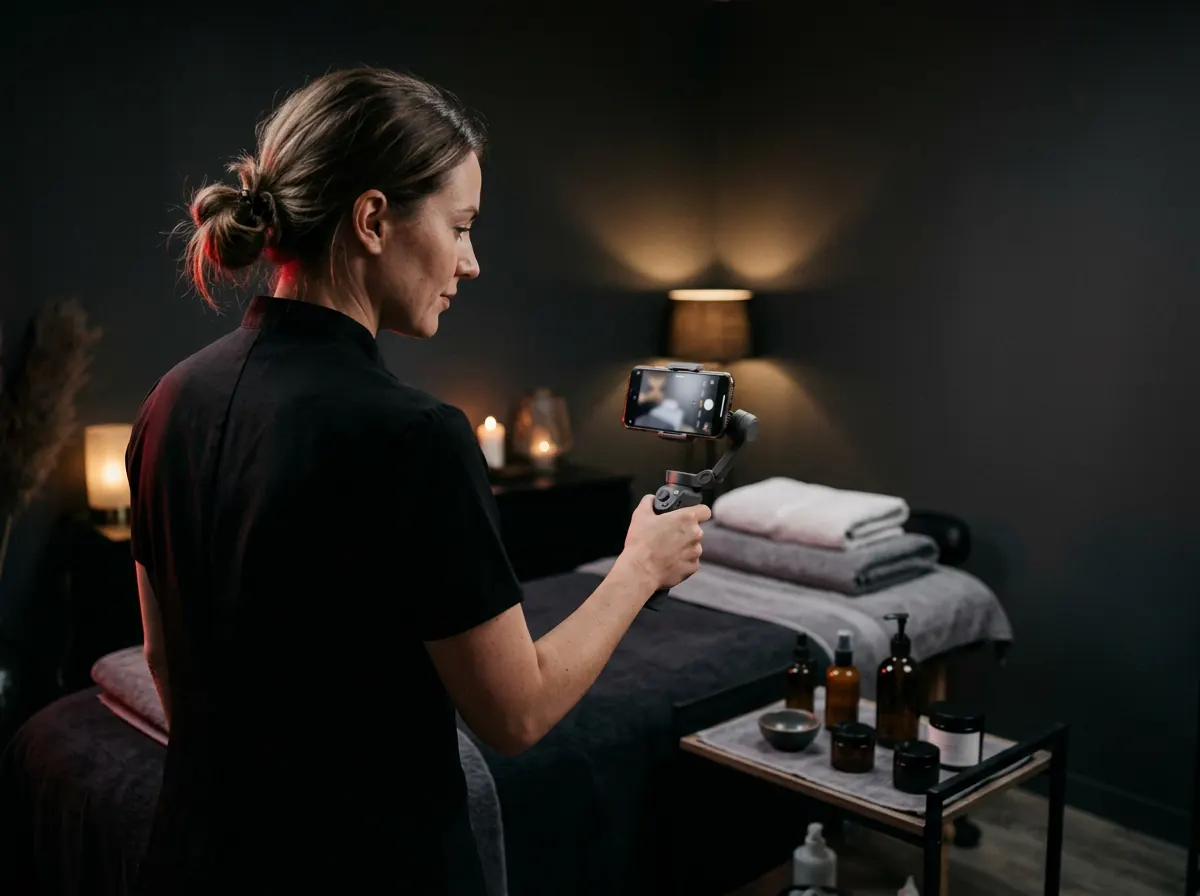 Kosmetikerin filmt mit dem Smartphone ein kurzes Video ihres Behandlungsraums