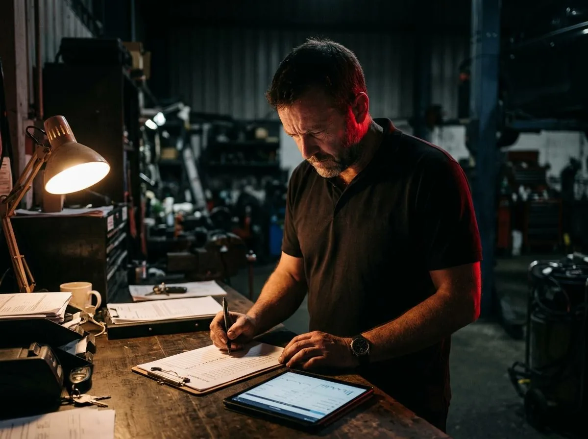 Werkstattinhaber prüft sein Google Unternehmensprofil am Tablet in Freising