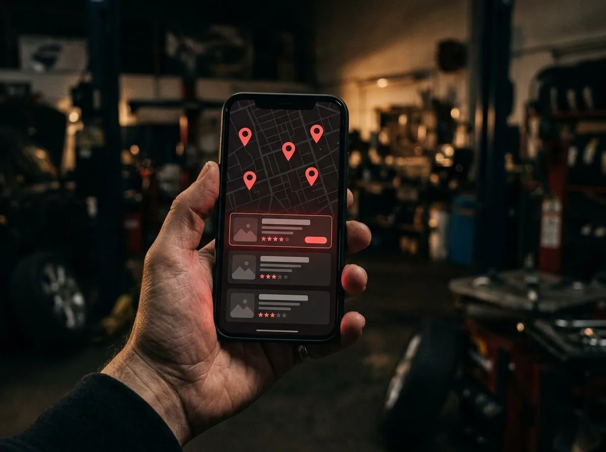 Smartphone-Suche „Kfz-Werkstatt in der Nähe“ mit Google Local Pack für eine Werkstatt in Freising
