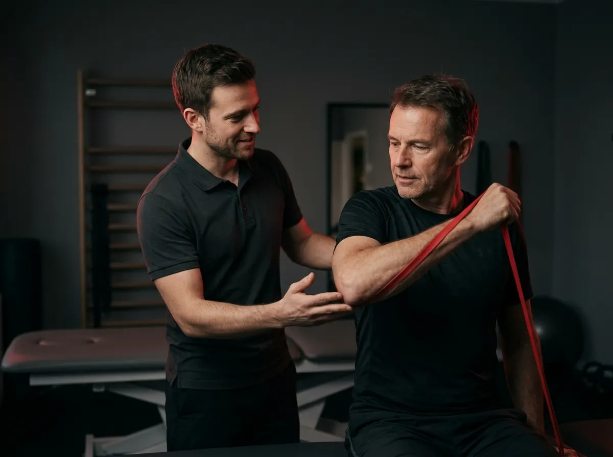 Physiotherapeut zeigt einem Patienten eine Übung mit dem Therapieband
