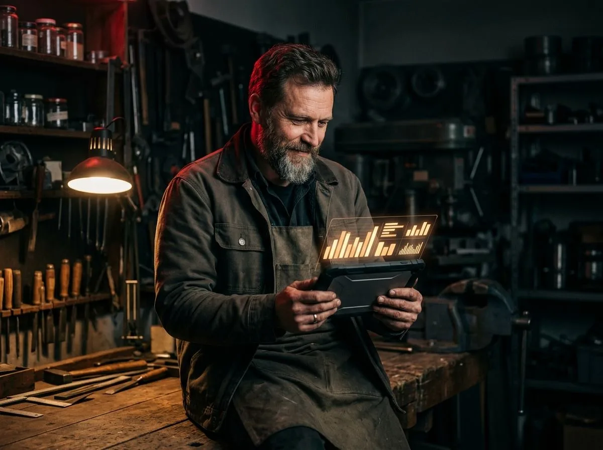 Handwerksmeister aus Freising prüft auf dem Tablet Anfragen, Kosten pro Anfrage und Umsatz seiner Google-Ads-Kampagne