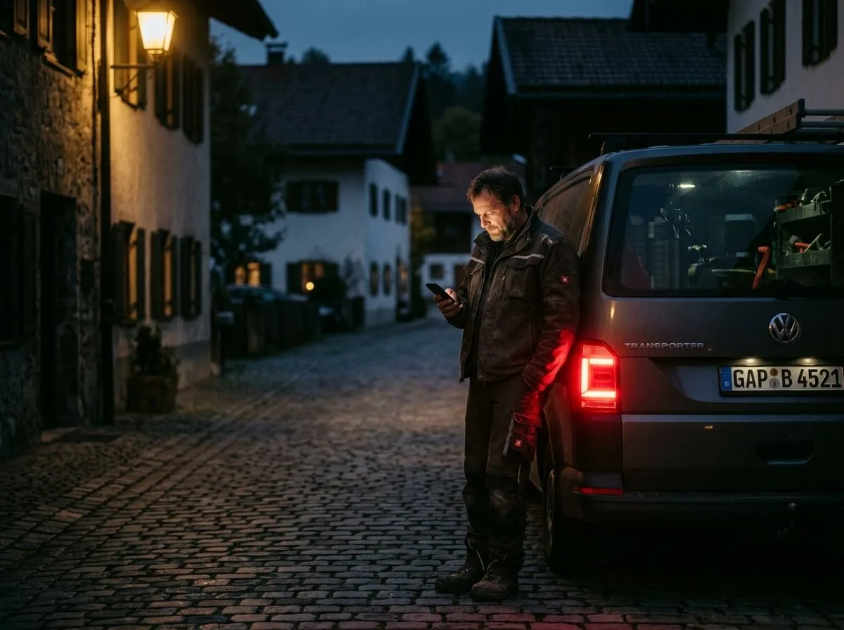 Handwerker aus dem Landkreis Freising prüft sein Google-Ranking auf dem Smartphone