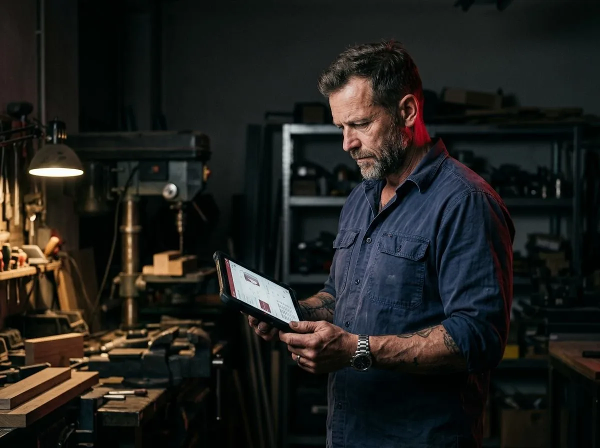 Handwerksmeister aus Freising prüft am Tablet, ob sein Betrieb bei Google auf Seite 1 steht