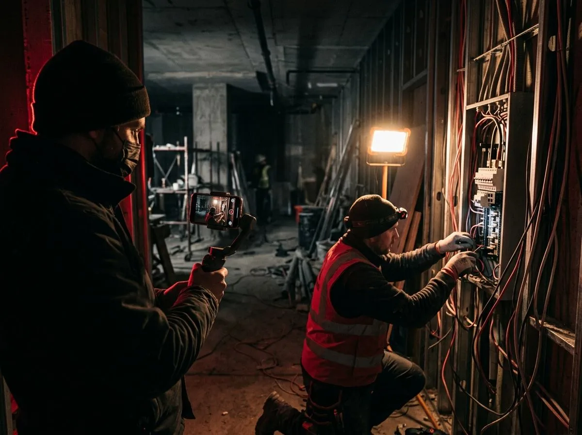 Content-Dreh mit dem Smartphone auf der Baustelle eines Handwerksbetriebs in Bayern für die Social Media Betreuung