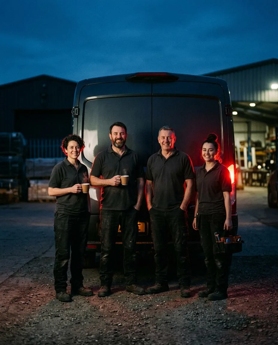 Instagram-Beitrag: Team eines Handwerksbetriebs vor dem Firmenwagen