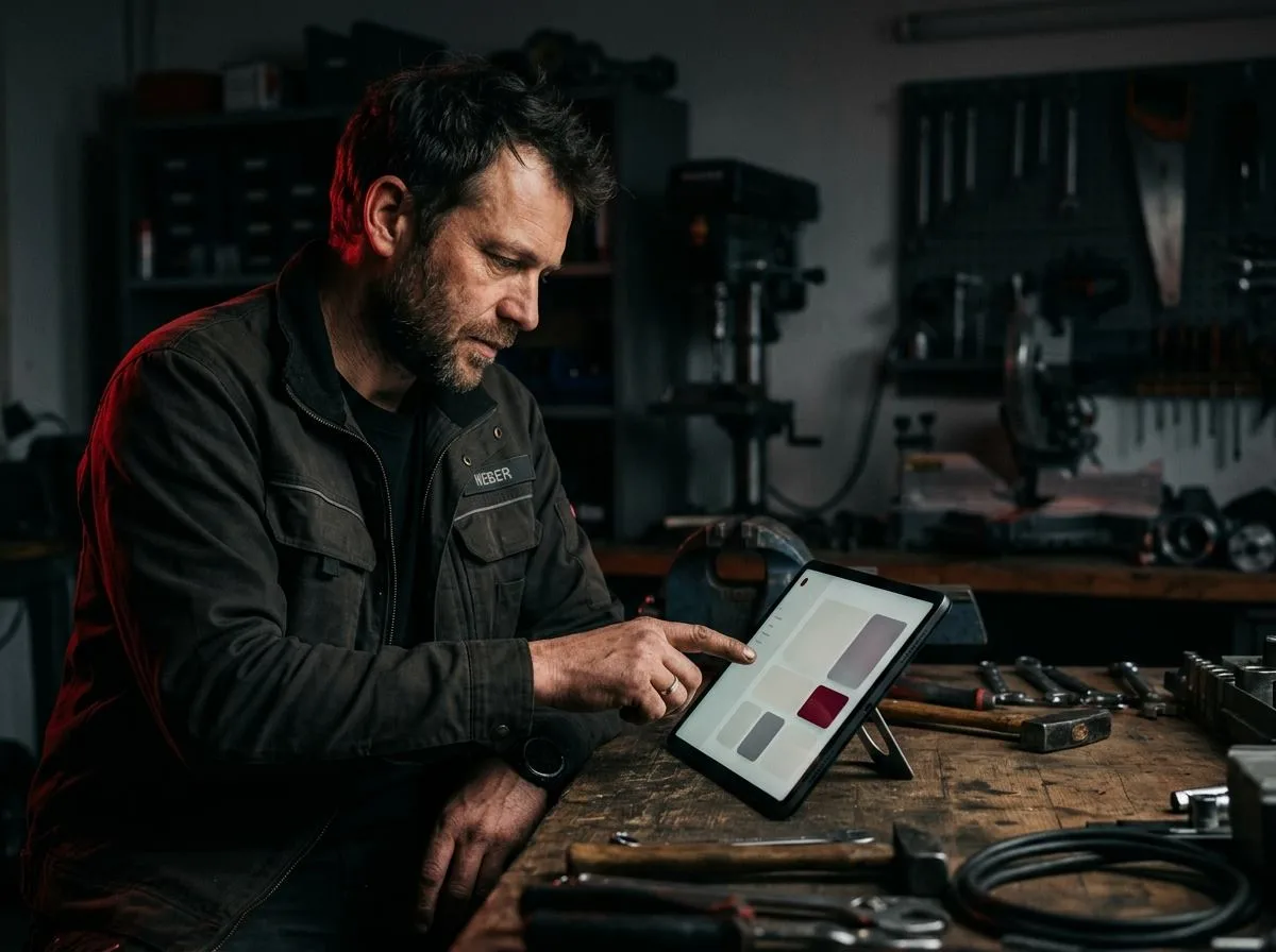 Handwerksmeister prüft die neue Website seines Betriebs auf dem Tablet in der Werkstatt