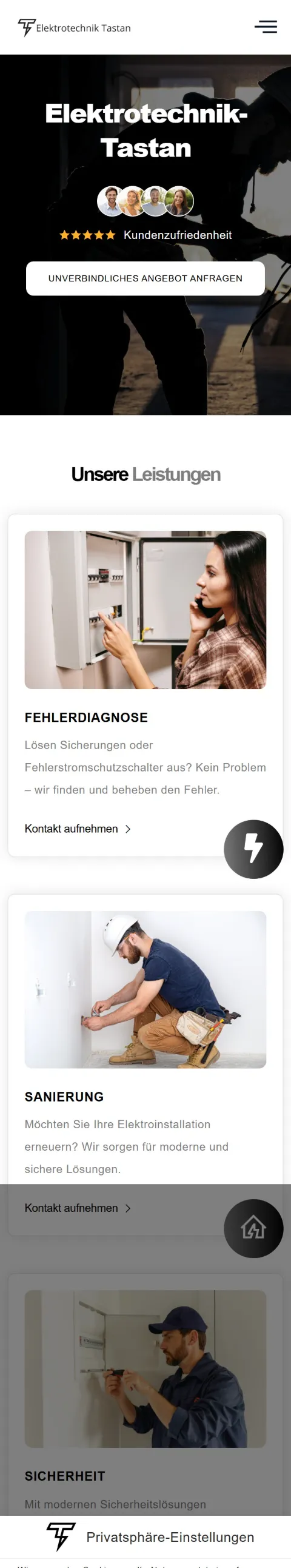 Mobile Ansicht der Website von Elektrotechnik Tastan GmbH mit Anruf-Button