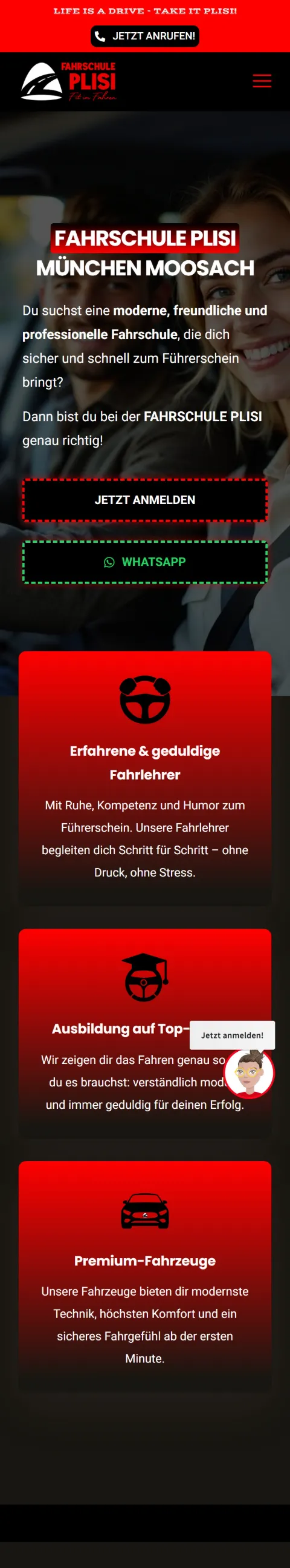 Mobile Ansicht der Website der Fahrschule Plisi München-Moosach mit Online-Anmeldung