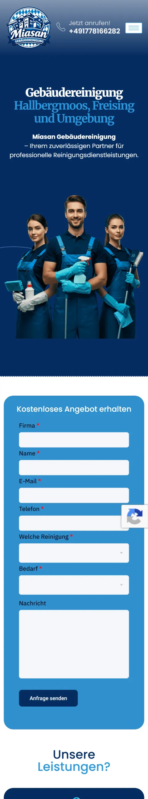 Mobile Ansicht der Website der Miasan Gebäudereinigung Hallbergmoos
